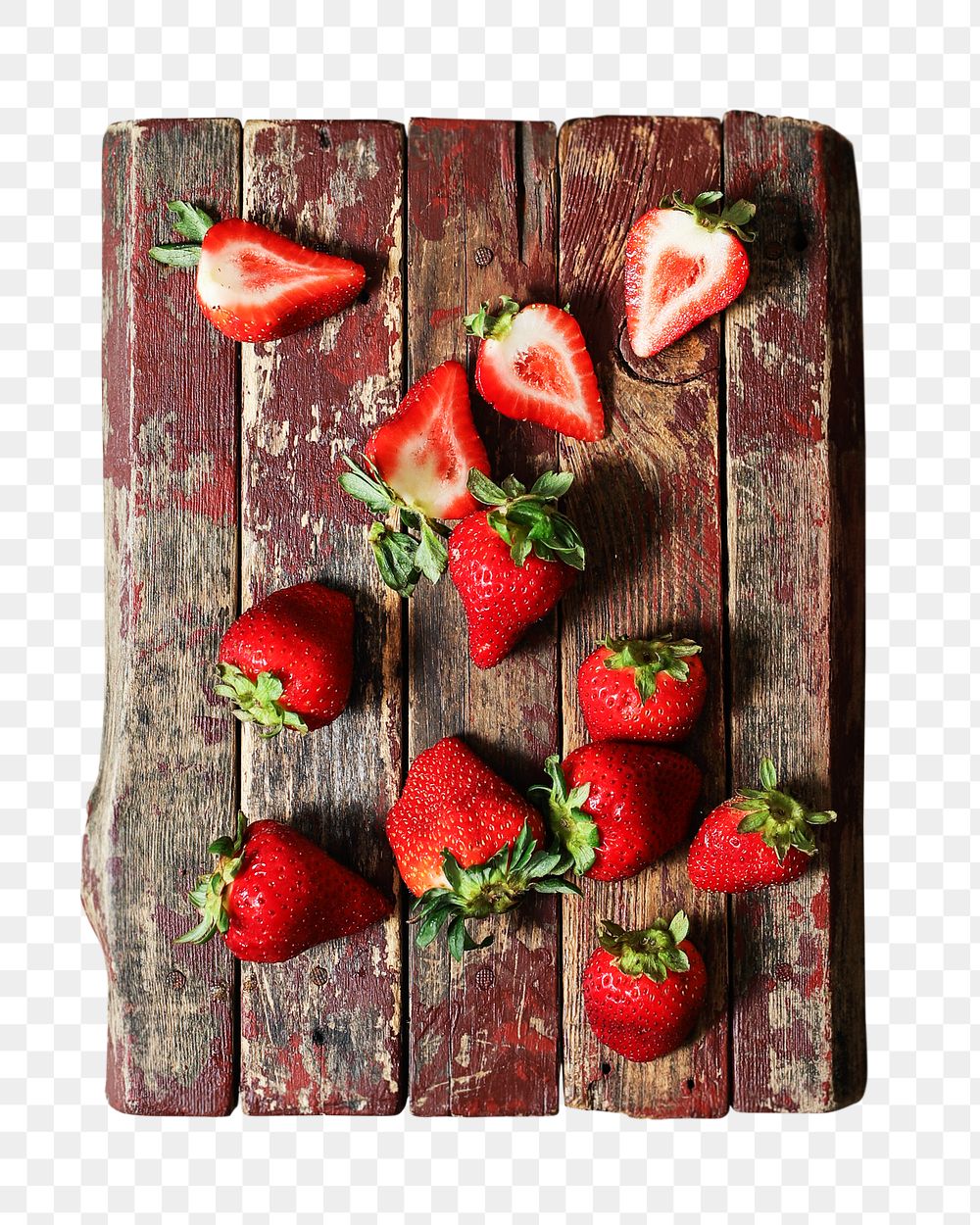 Fresh png strawberries on a wooden board in transparent background