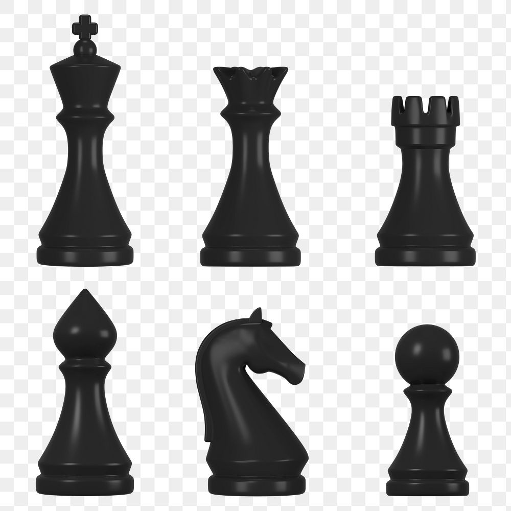 3D chess png pieces clipart, black minimal design set on transparent background