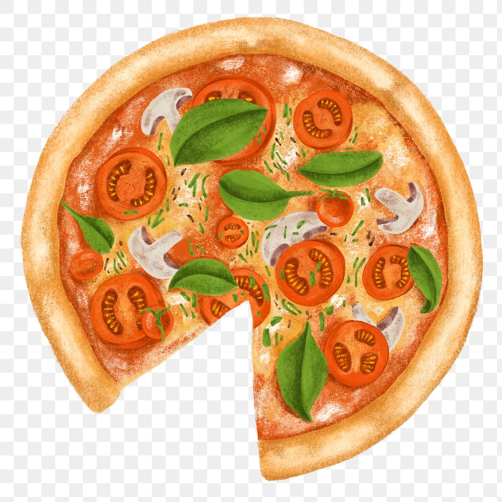 Tomatoes and basil pizza png sticker, transparent background