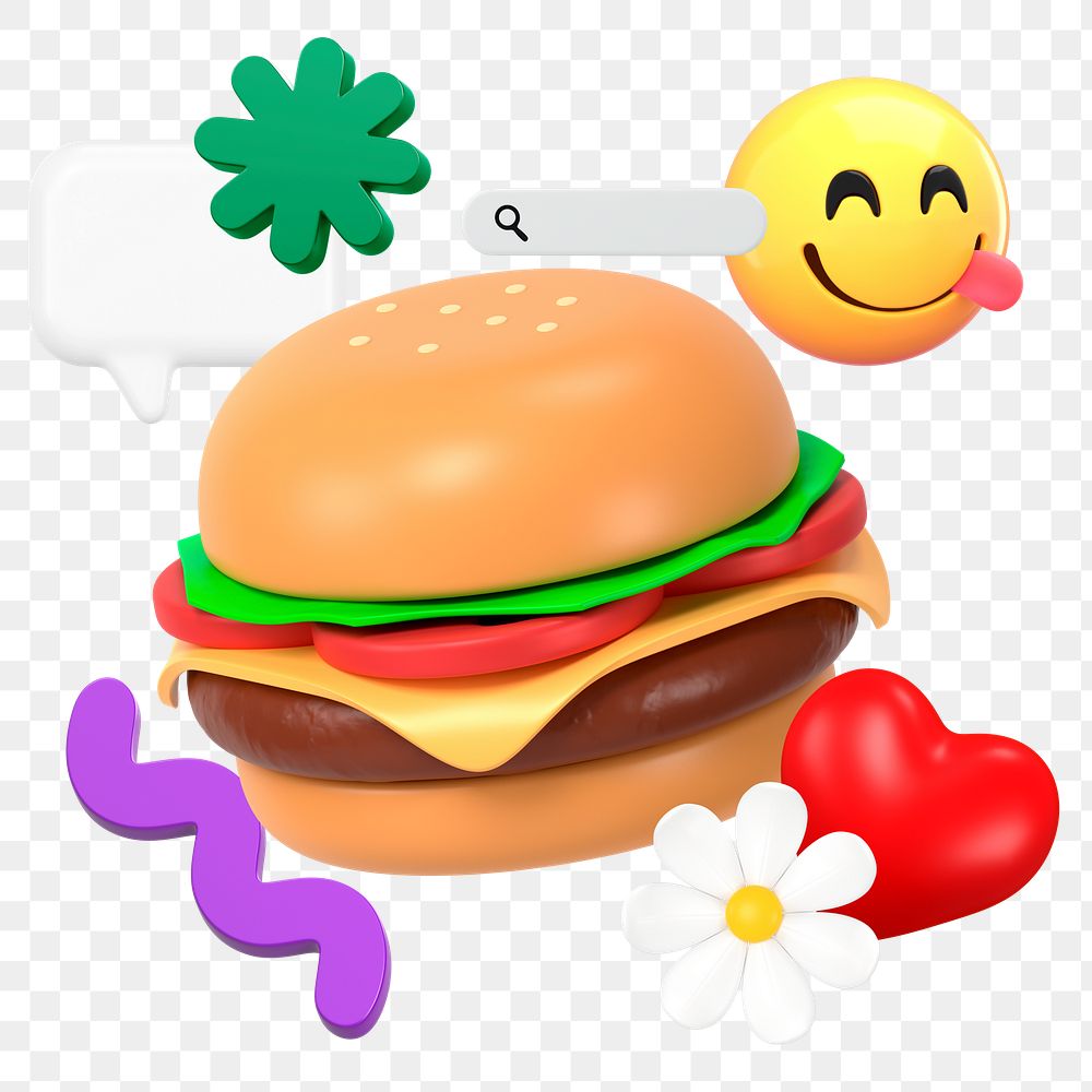 3D emoticon png hamburger searching sticker, transparent background