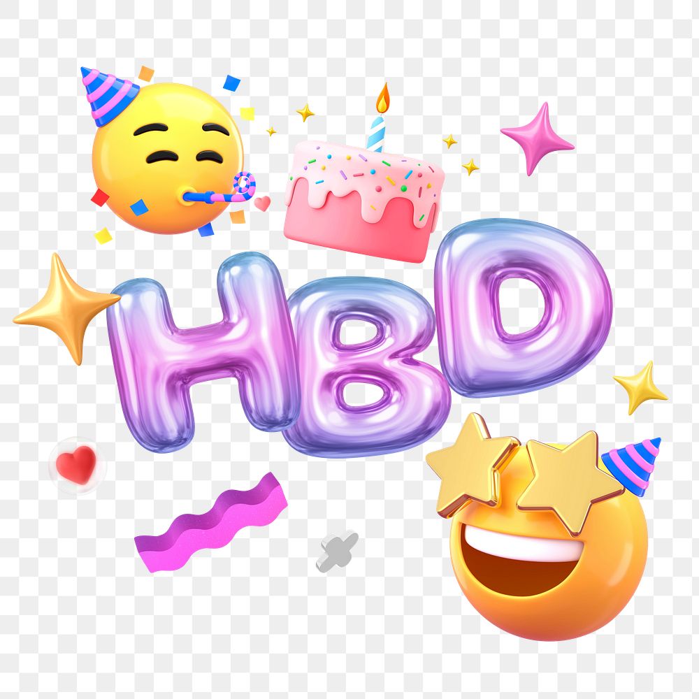HBD png 3D word sticker typography, transparent background