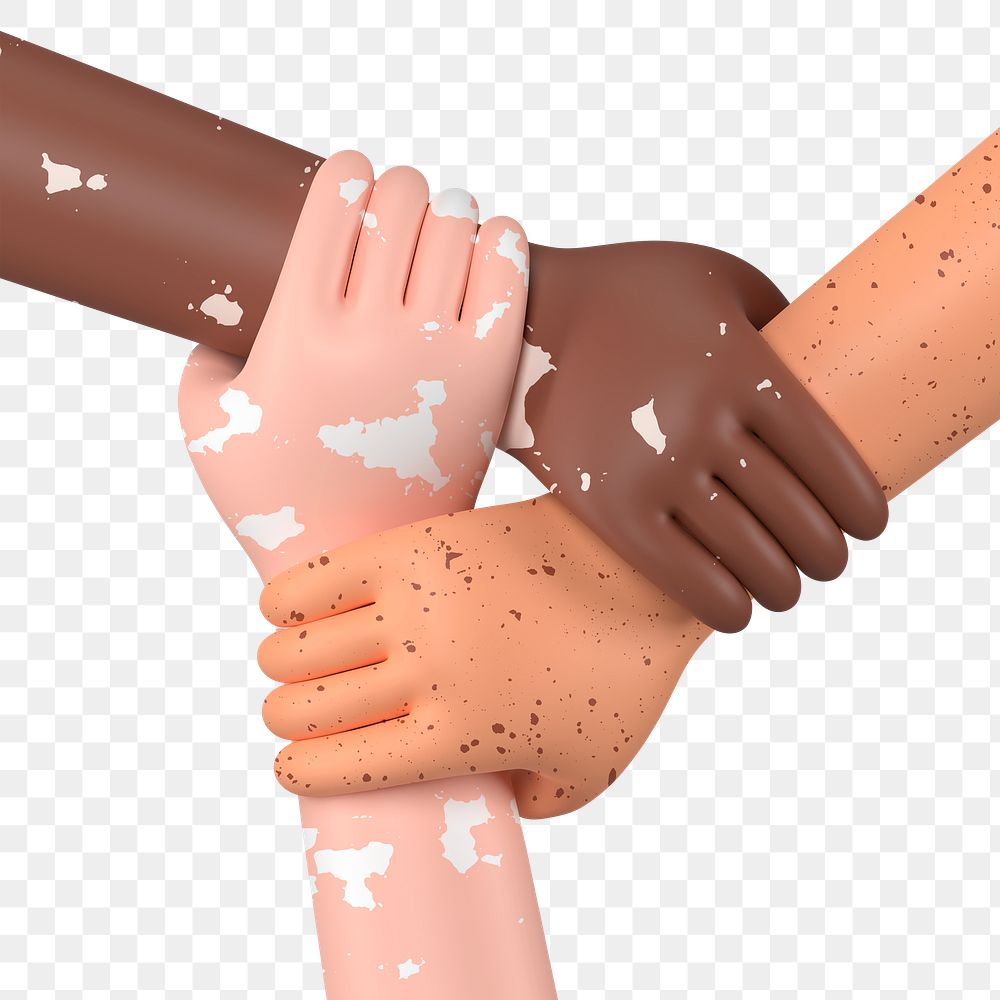 Diverse vitiligo png hands united, 3D rendering graphic, transparent background