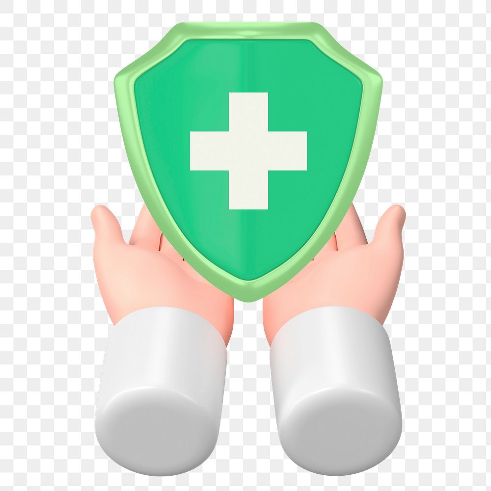 Health insurance png sticker, 3D hand presenting shield, transparent background