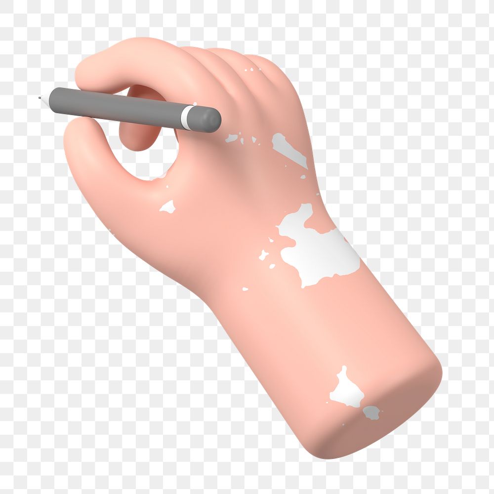 Vitiligo hand png holding pencil, 3D illustration, transparent background