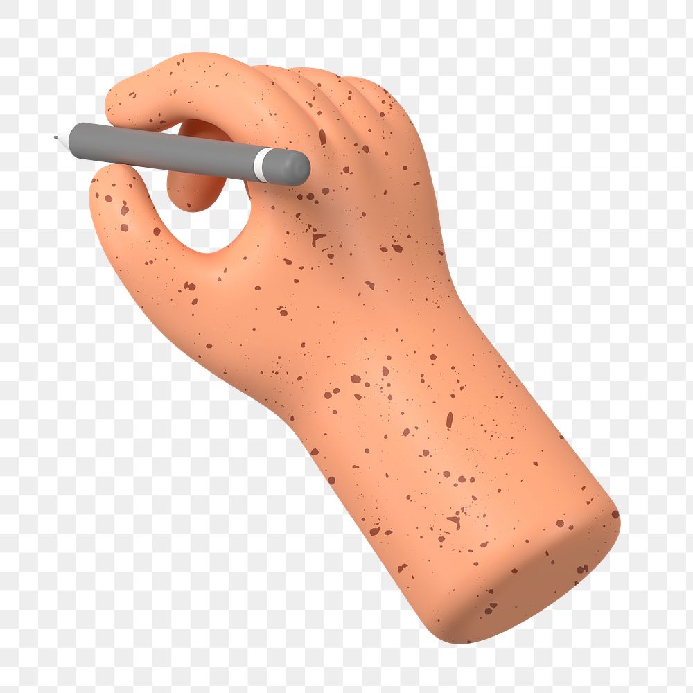 Freckled hand png holding pencil, 3D illustration, transparent background