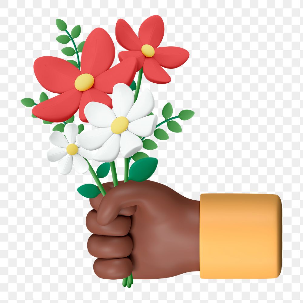 Hand holding flower png bouquet, 3D graphic, transparent background