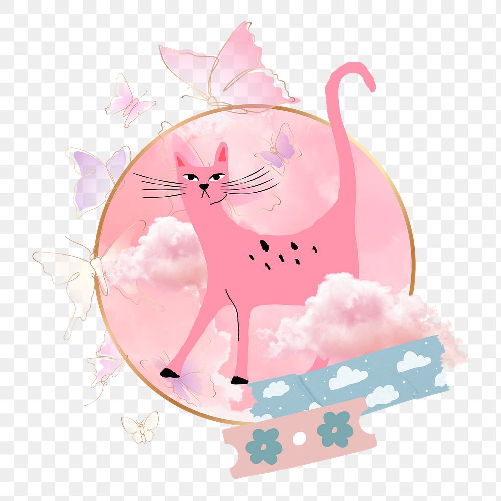 Pink cartoon cat png sticker, transparent background