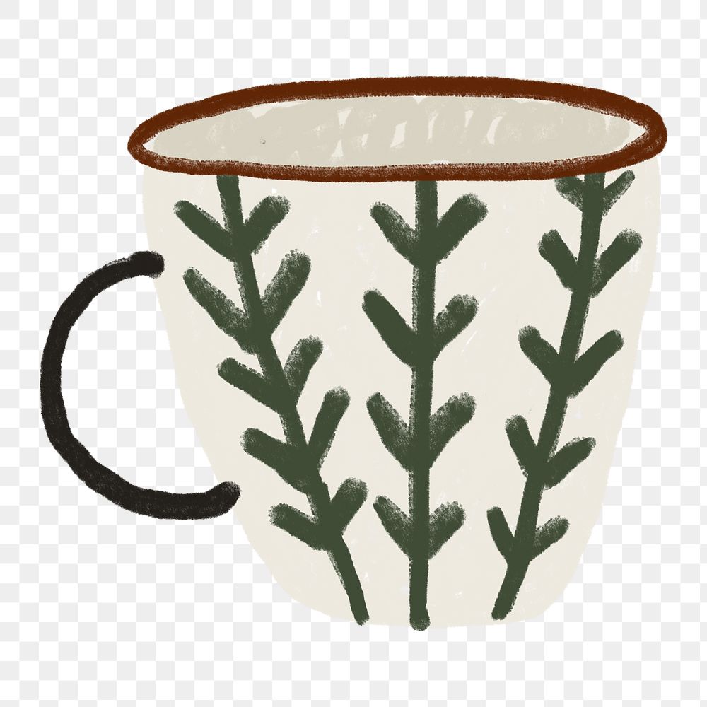 Leafy coffee mug png sticker, transparent background