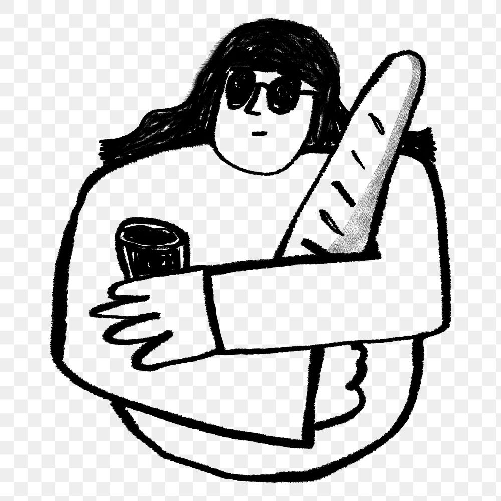 Woman hugging baguette png sticker, Parisian lifestyle doodle, transparent background