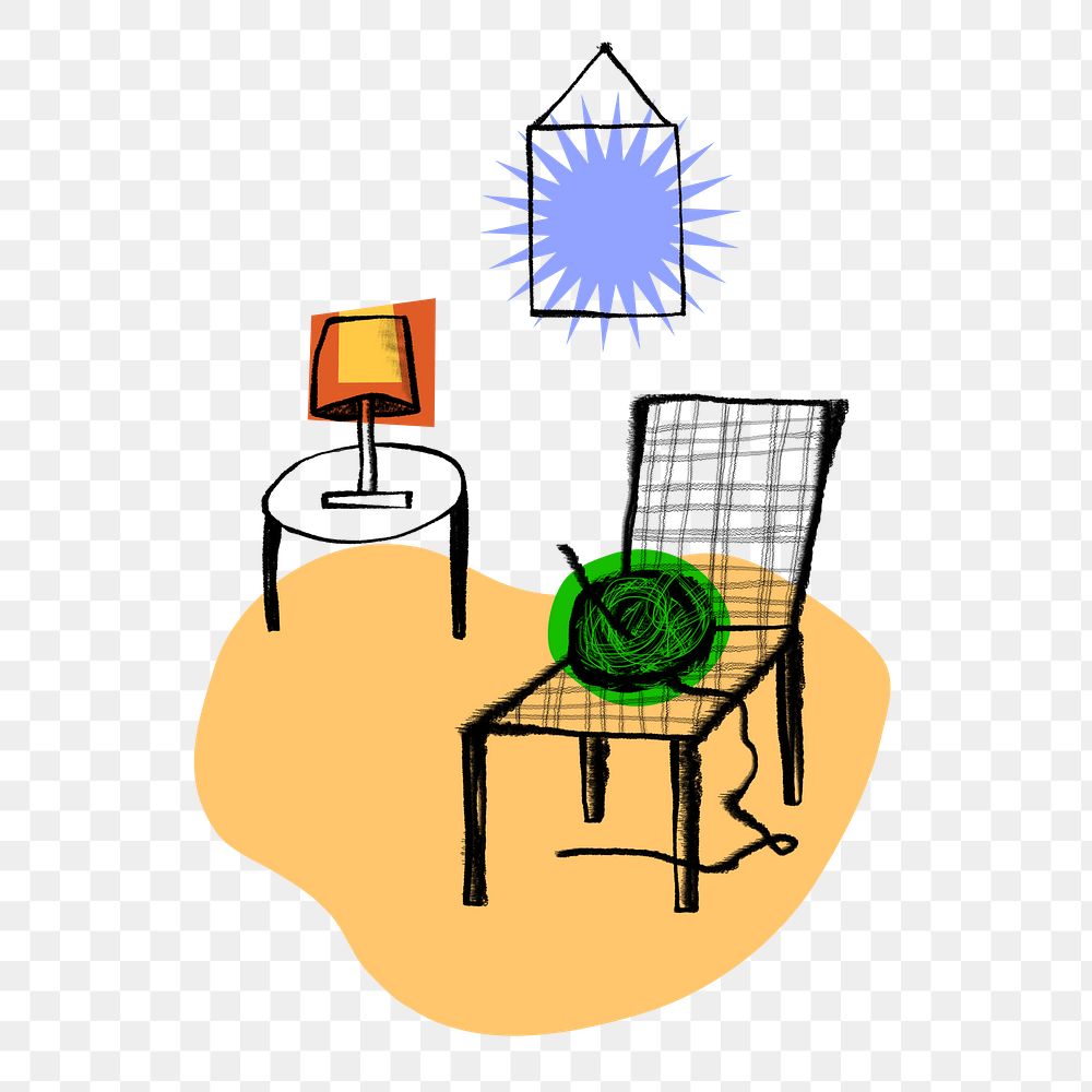 Crochet on armchair png, hobby doodle, transparent background