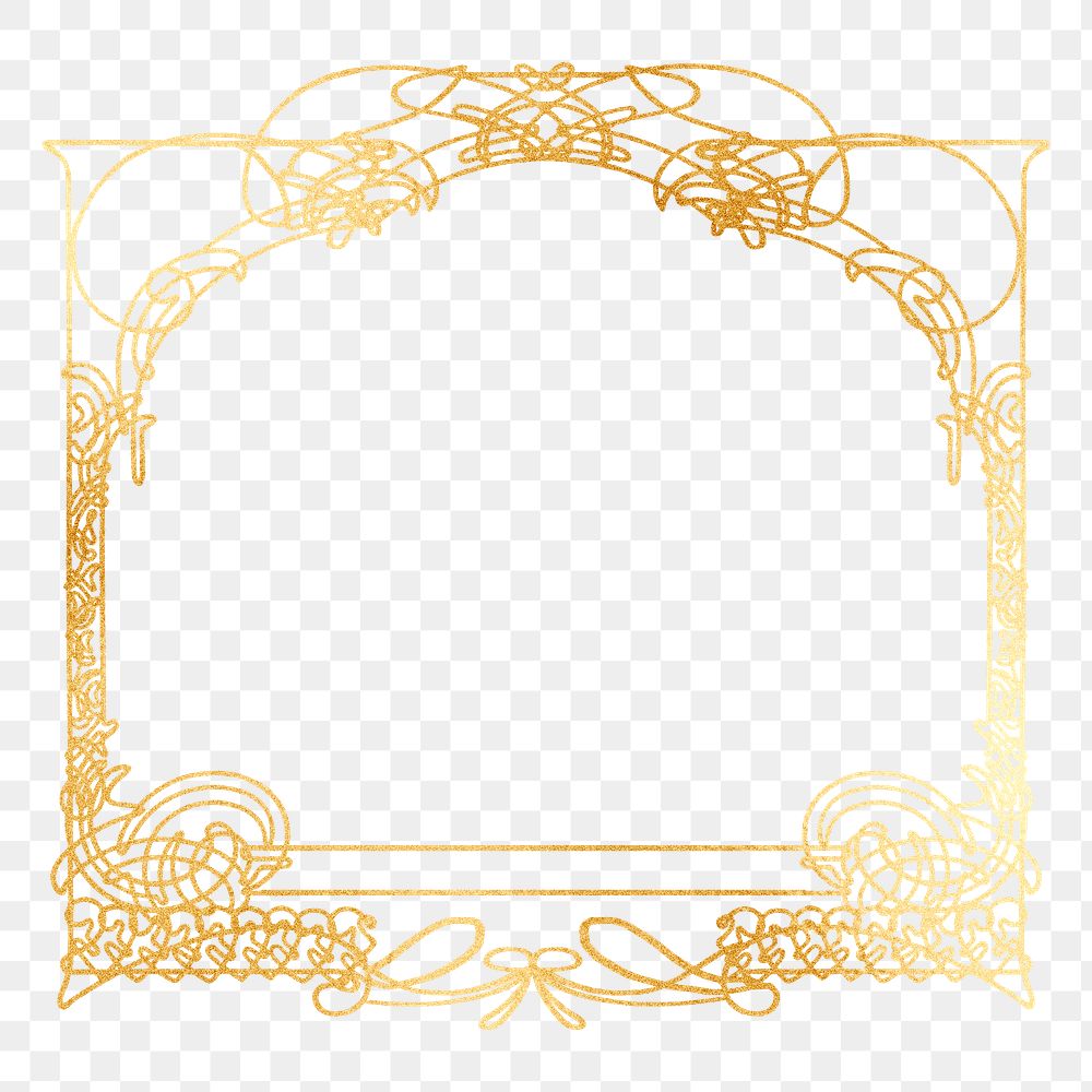 Gold ornate png frame, Alphonse Mucha's famous artwork on transparent background, remixed by rawpixel