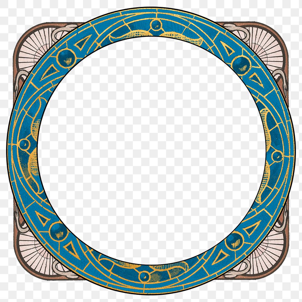 Blue stained glass png frame, vintage art deco on transparent background