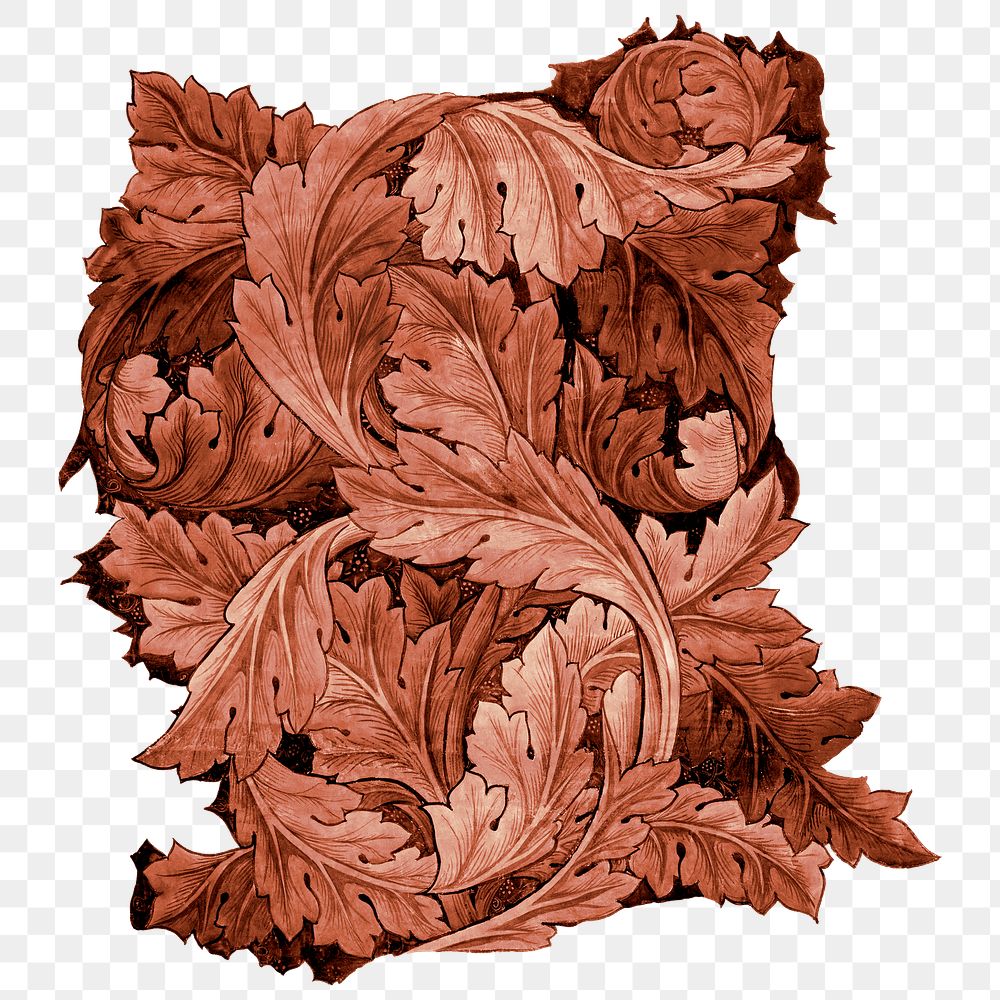 Brown leaf png William Morris's acanthus sticker, transparent background, remixed by rawpixel