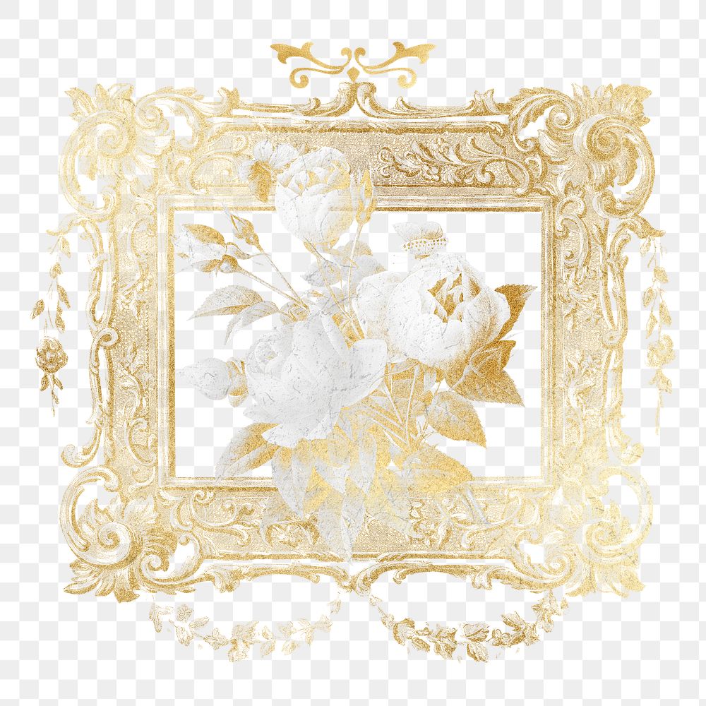 PNG gold rose frame art nouveau sticker, transparent background, remixed by rawpixel