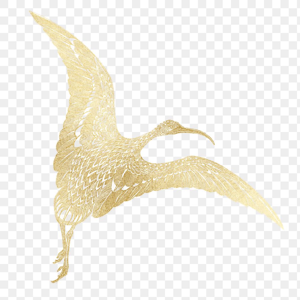 Gold stork png animal sticker, transparent background, remixed by rawpixel