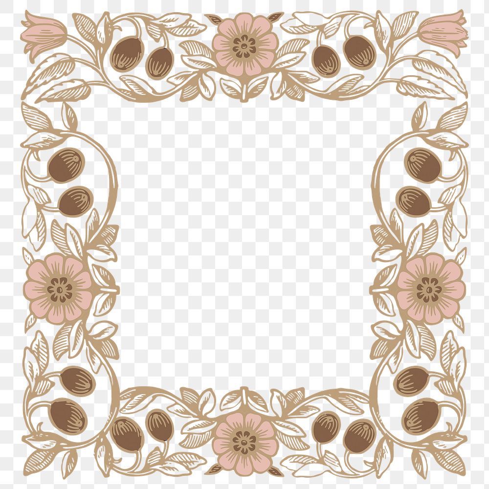 Brown floral png frame, vintage ornament, transparent background, remixed by rawpixel
