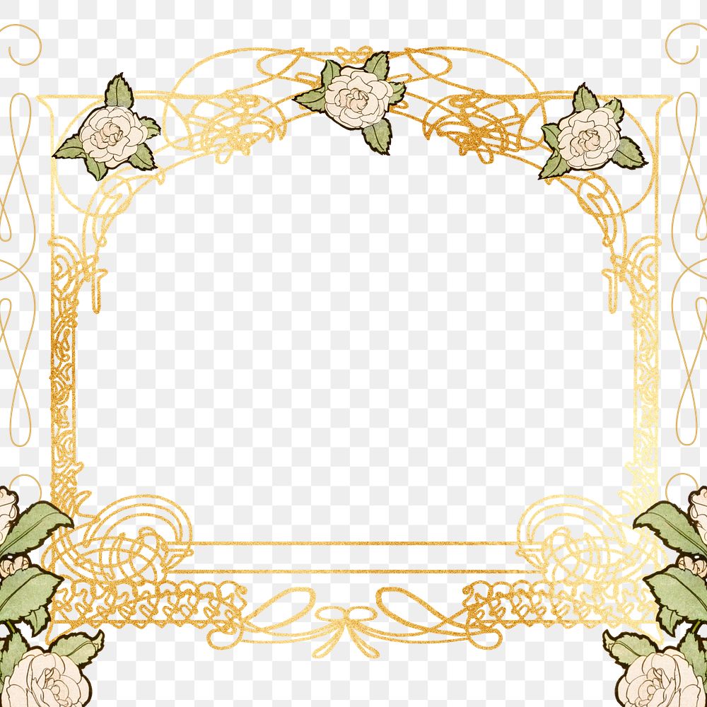 Gold ornate png frame, vintage flower design, transparent background, remixed by rawpixel
