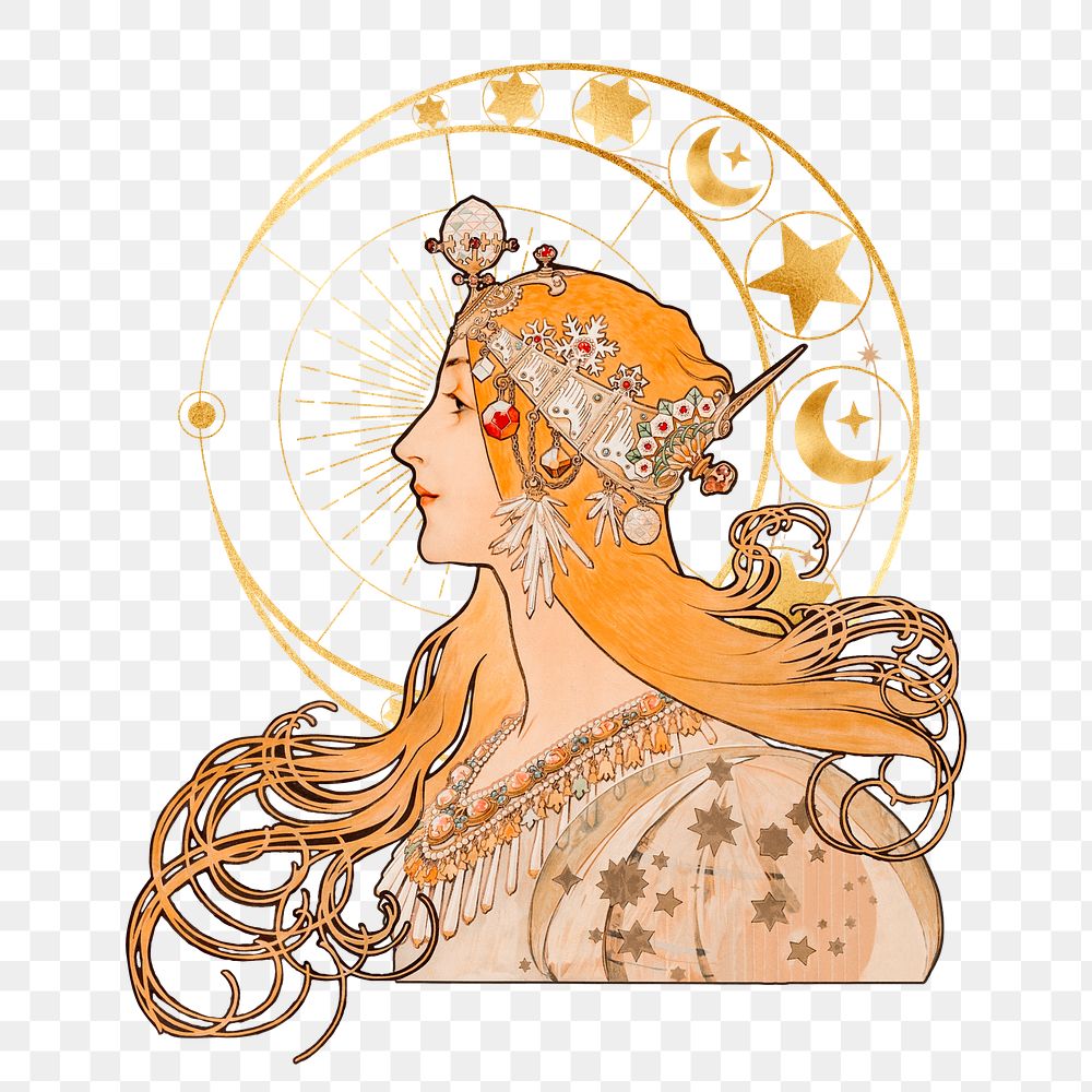 Alphonse Mucha's png Zodiac sticker, vintage astrology illustration on transparent background, remixed by rawpixel
