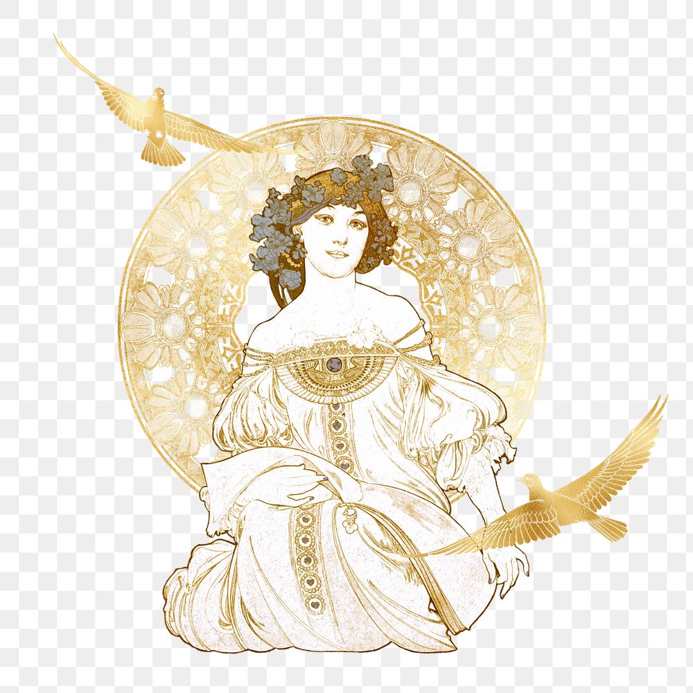 Alphonse Mucha's png gold vintage woman sticker, art nouveau illustration on transparent background, remixed by rawpixel