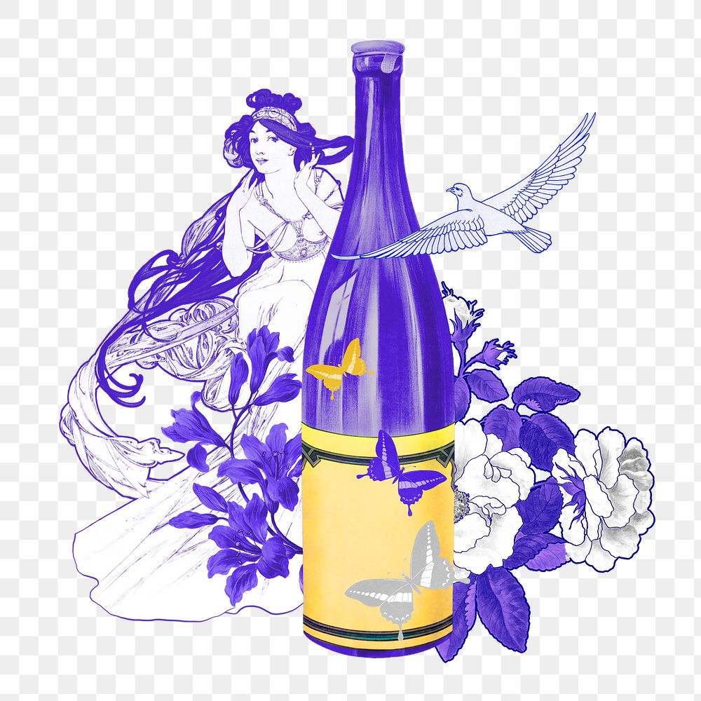 Vintage wine bottle png sticker , Alphonse Mucha's floral lady illustration on transparent background, remixed by rawpixel