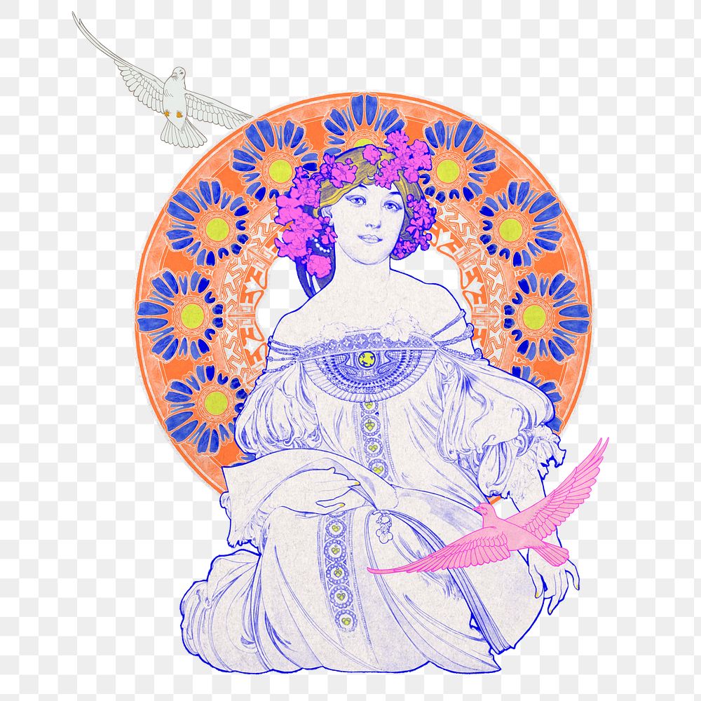 Alphonse Mucha's png floral lady sticker, vintage illustration on transparent background, remixed by rawpixel