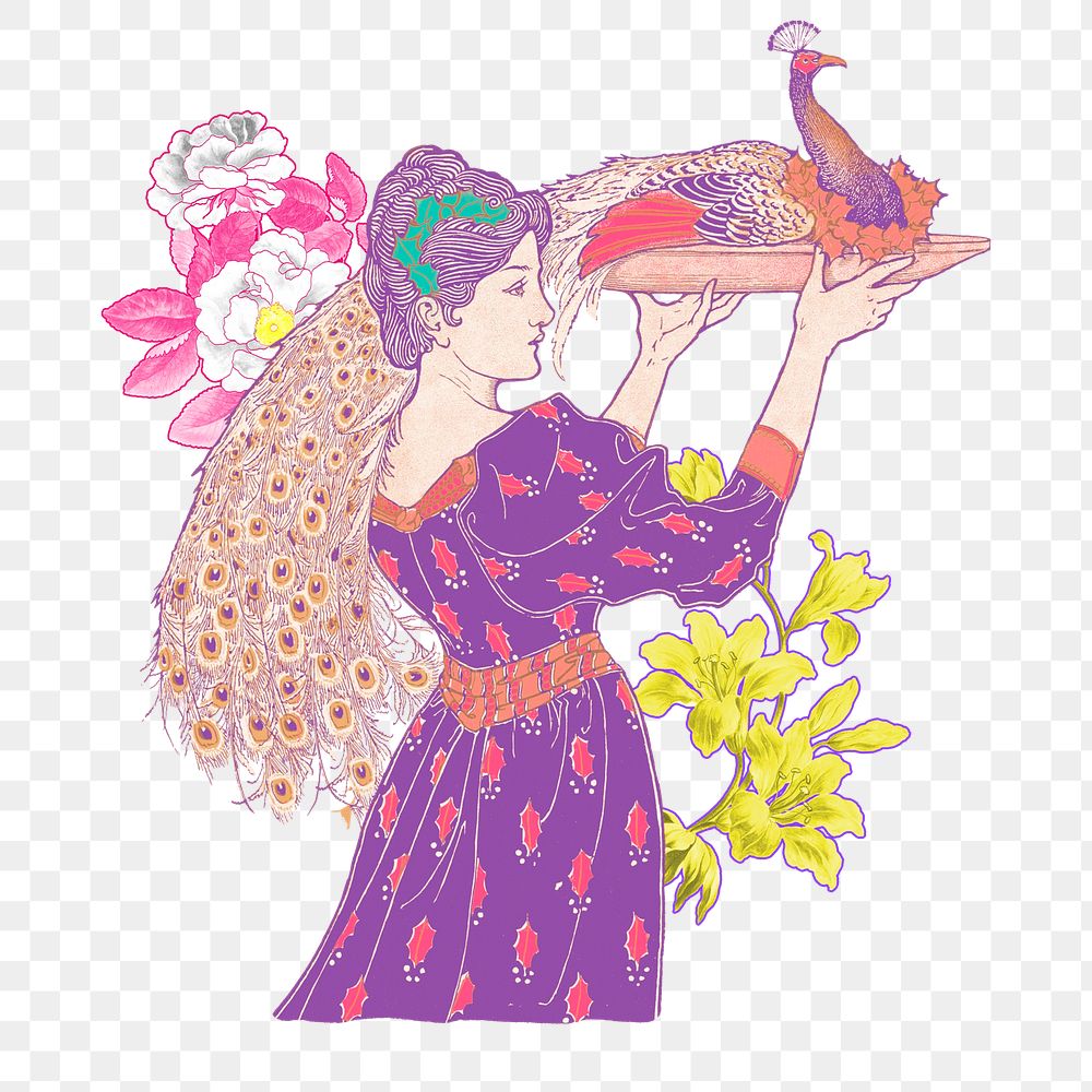 Woman carrying peacock png on a tray sticker, transparent background, remixed from the artwork of Louis Rhead