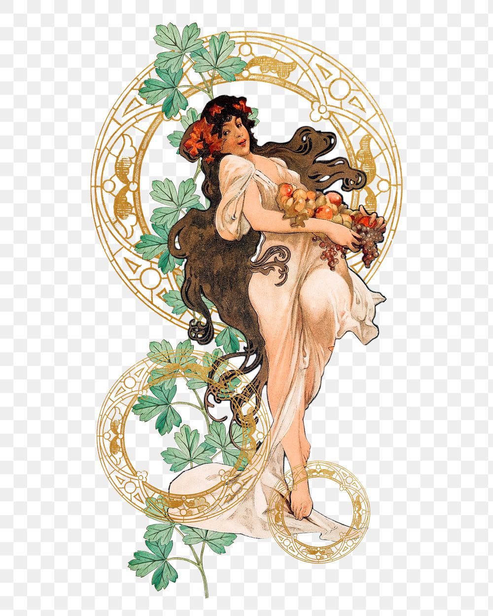 Lady with fruits png sticker, Alphonse Mucha's art nouveau illustration on transparent background, remixed by rawpixel