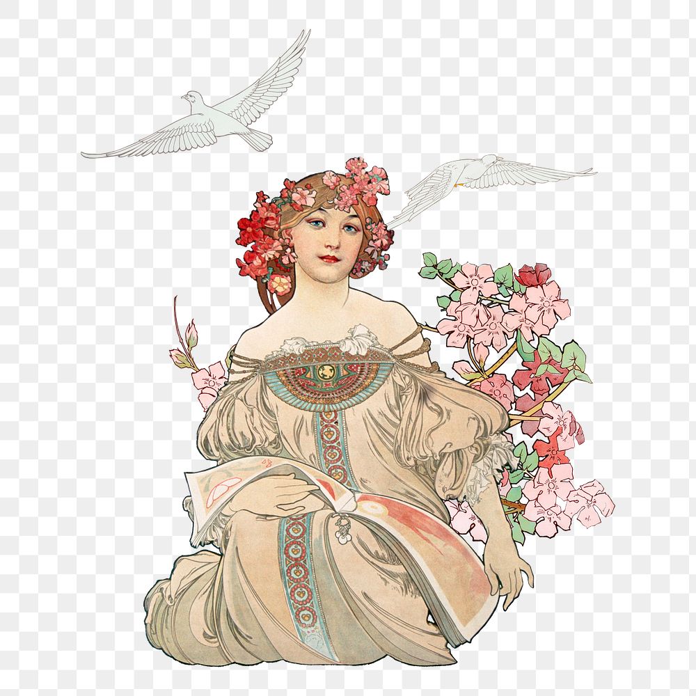 Vintage floral lady png sticker, Alphonse Mucha's famous artwork on transparent background, remixed by rawpixel