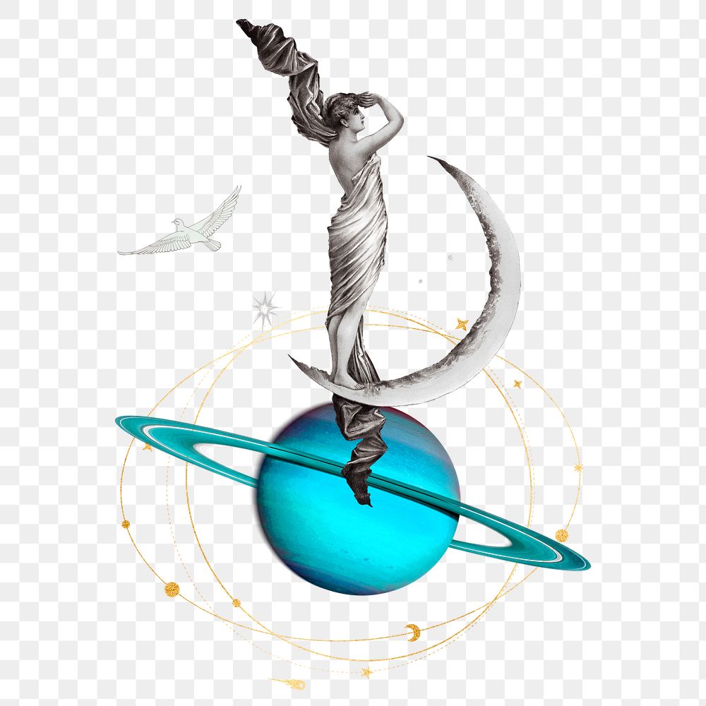 Space png woman standing on Saturn sticker, transparent background, remixed by rawpixel