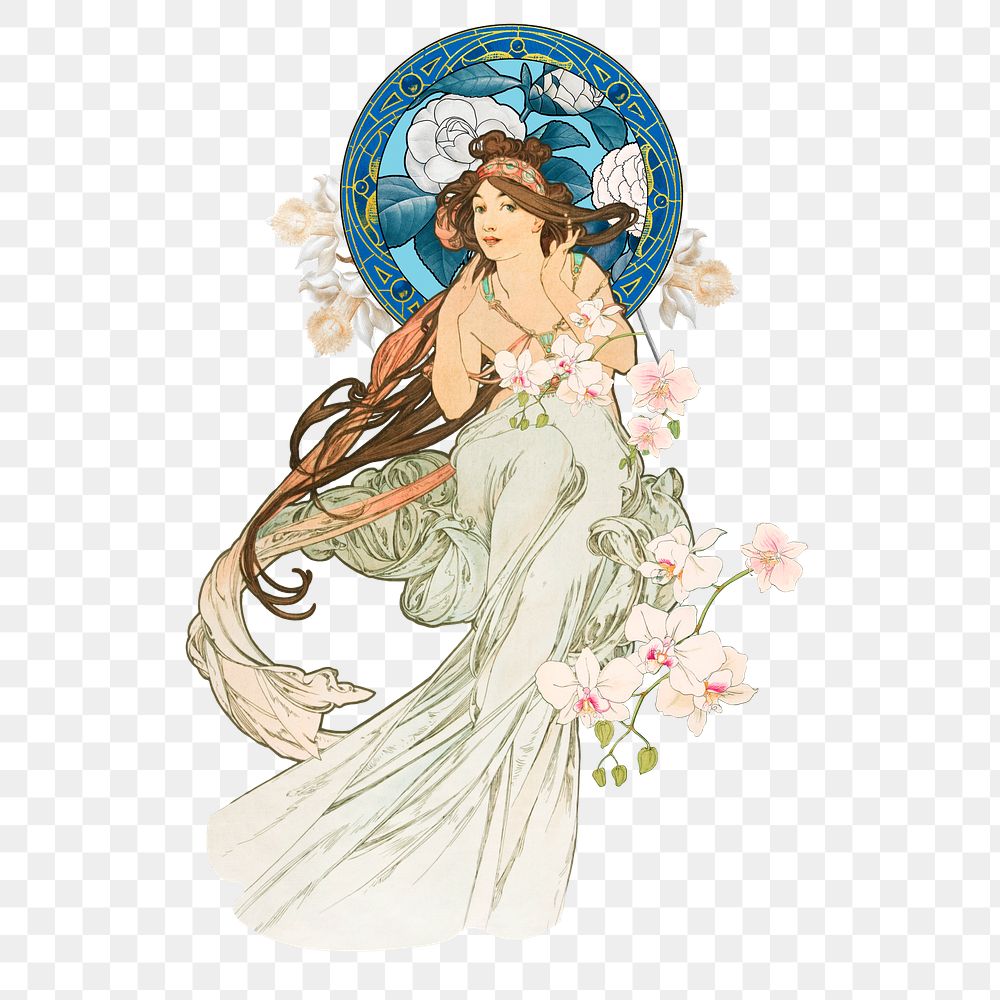 Alphonse Mucha's  png flower lady sticker, vintage illustration on transparent background, remixed by rawpixel