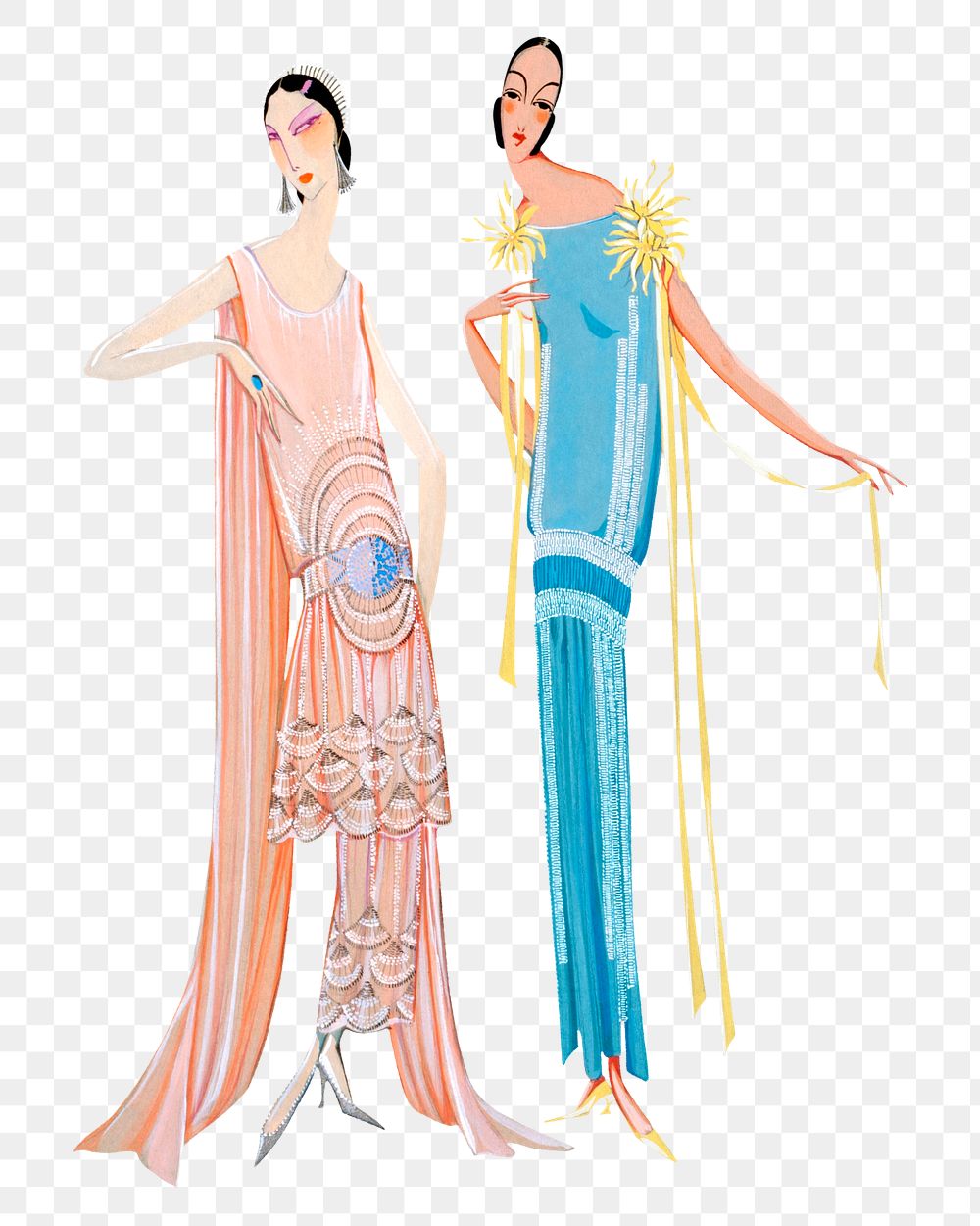 1920s women's dress png sticker on transparent background, remixed from the artwork of George Barbier