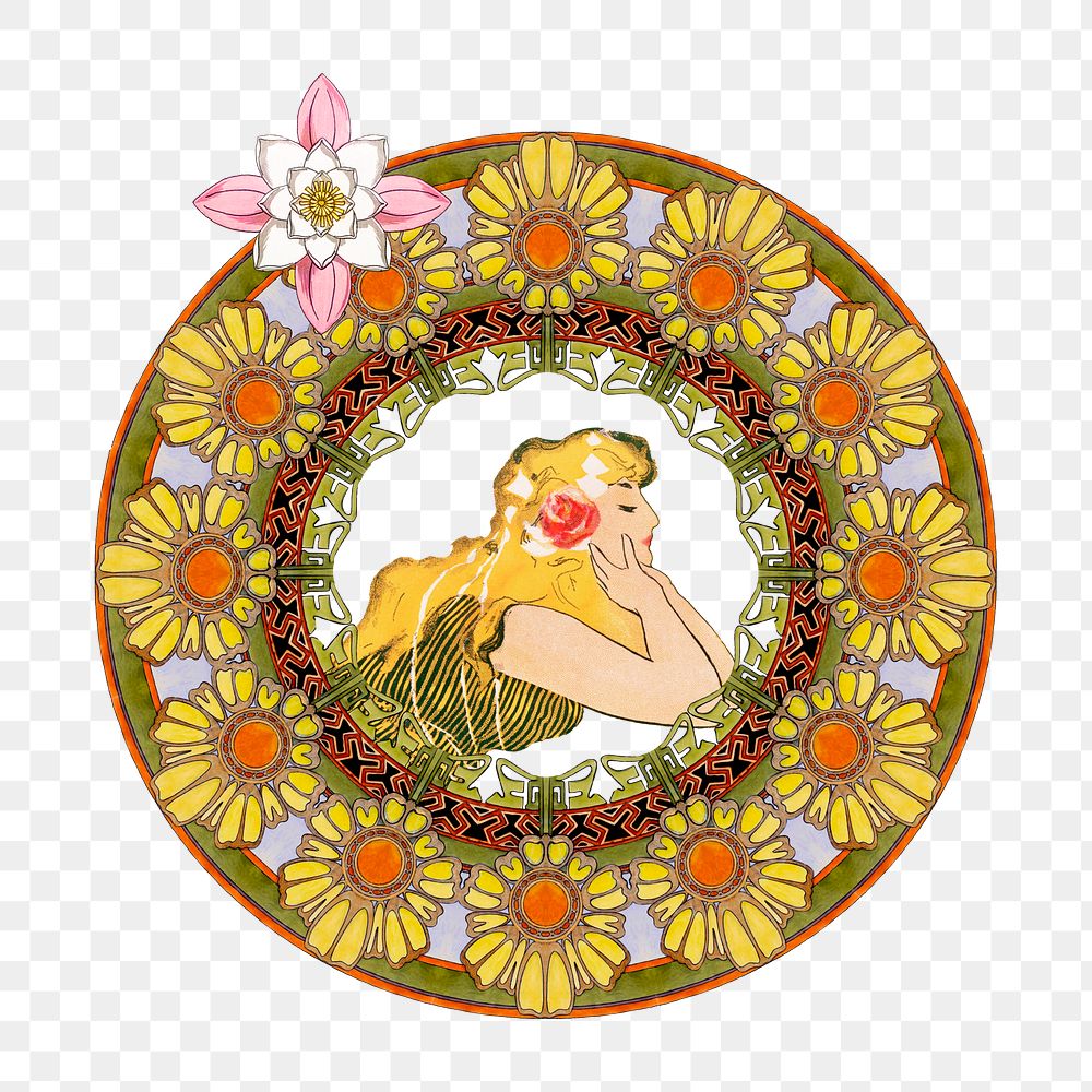 Alphonse Mucha's png lady sticker, ornament, art nouveau illustration on transparent background, remixed by rawpixel