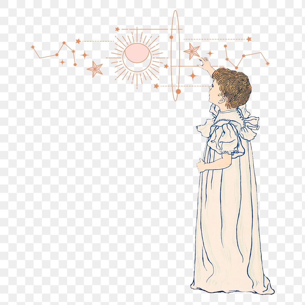 Little girl png celestial sticker, transparent background, remixed by rawpixel