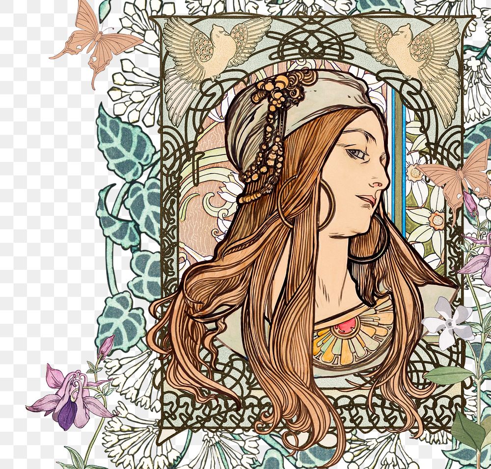 PNG Alphonse Mucha's woman sticker, transparent background, remixed by rawpixel