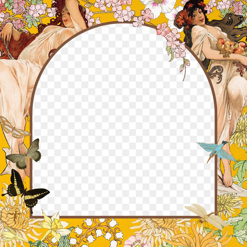 Alphonse Mucha's png arch frame, vintage flower woman, transparent background, remixed by rawpixel