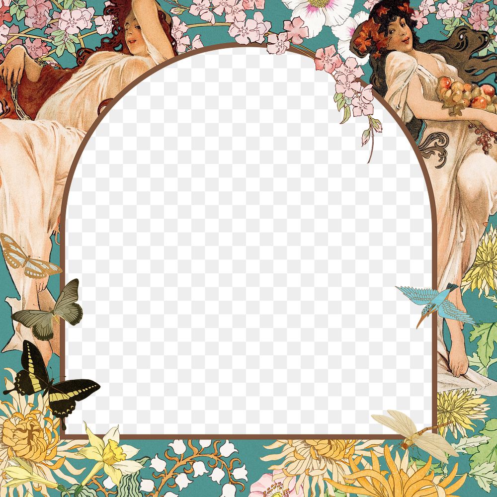 Alphonse Mucha's png arch frame, vintage flower woman, transparent background, remixed by rawpixel