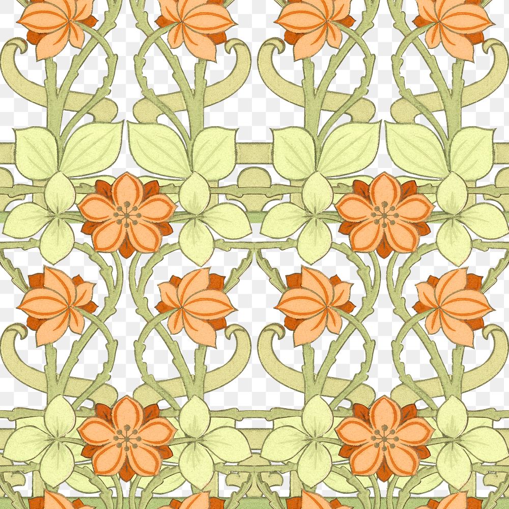 Orange flower png botanical pattern, transparent background, remixed by rawpixel