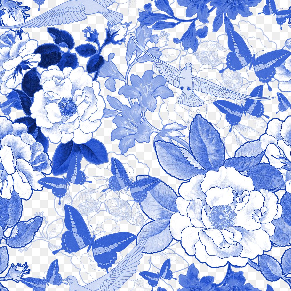 Blue rose png floral pattern sticker, transparent background, remixed by rawpixel