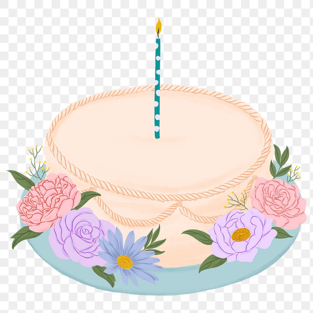 Beige birthday cake png sticker, floral dessert illustration, transparent background