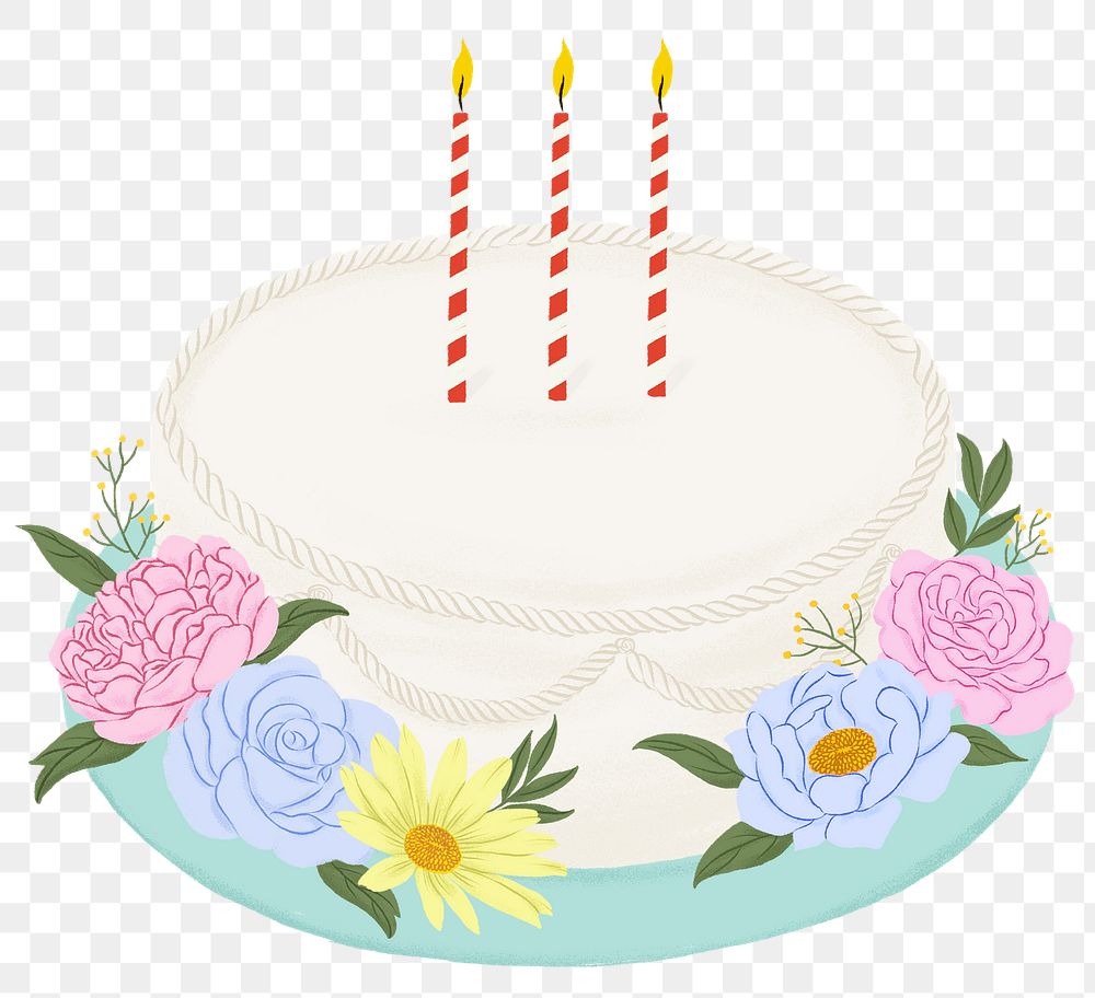 White birthday cake png sticker, floral dessert illustration, transparent background