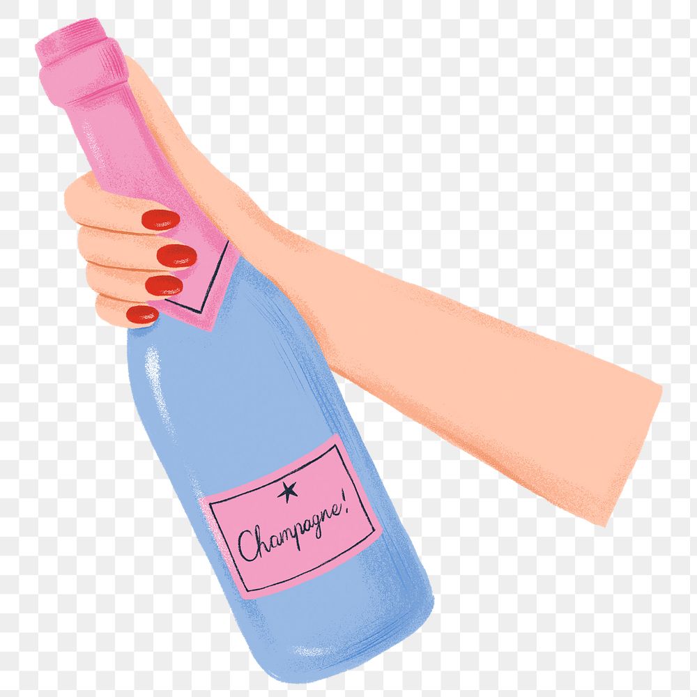 Popping champagne bottle png sticker, hand graphic, transparent background