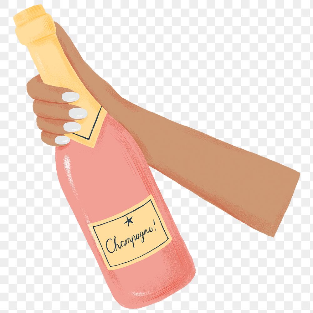 Popping champagne bottle png sticker, hand graphic, transparent background