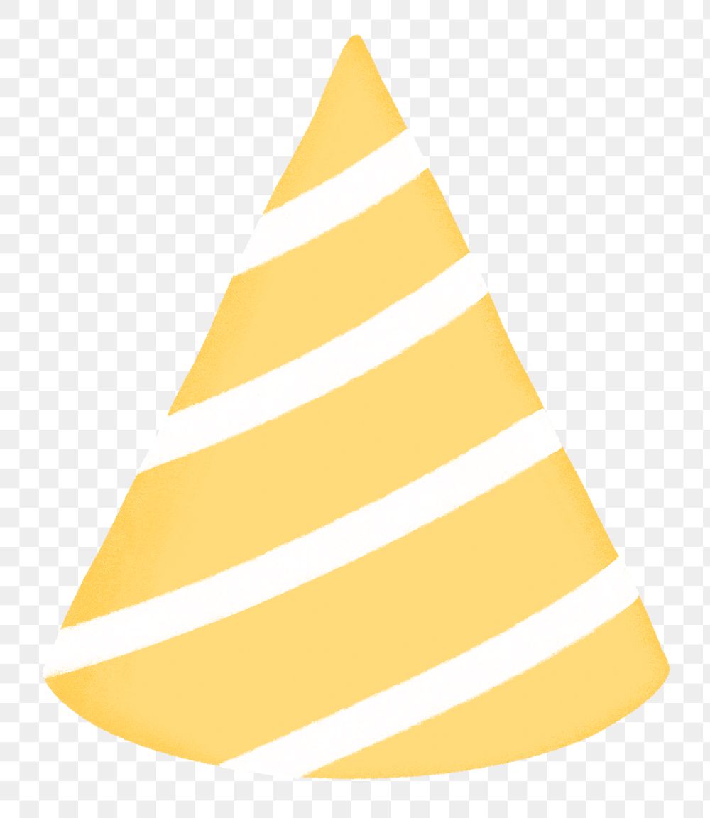 Birthday cone hat png sticker, yellow striped design, transparent background