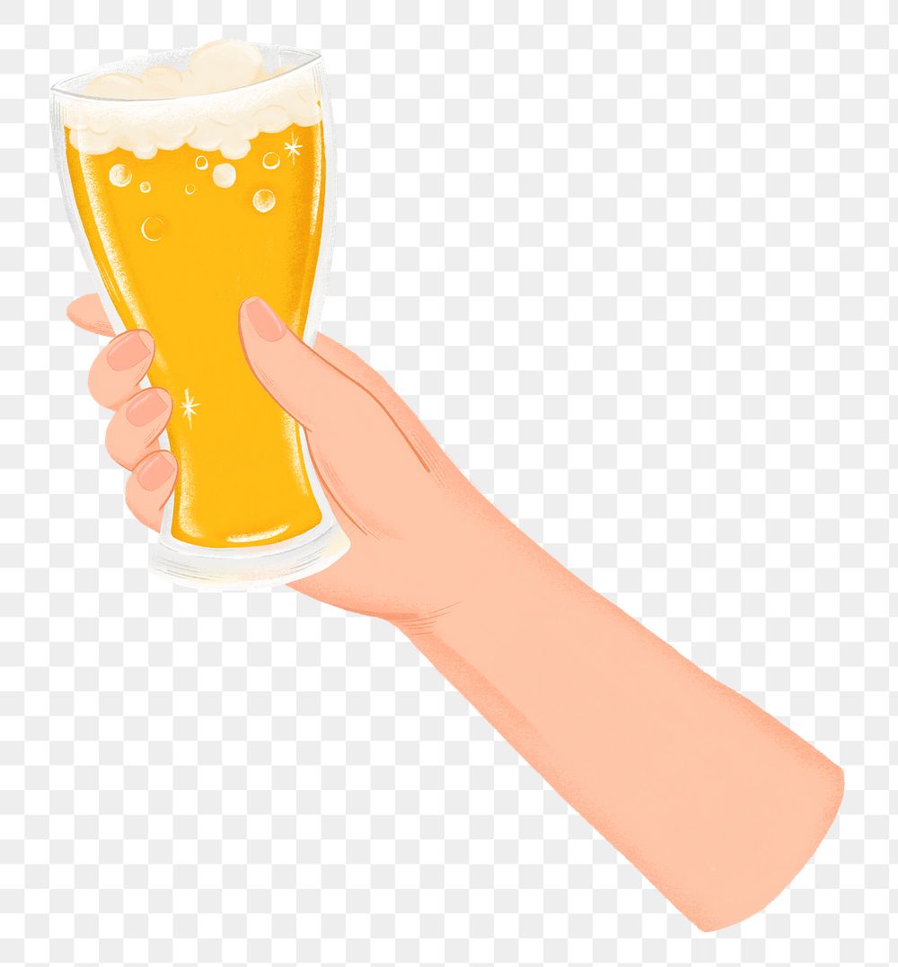 Hand raising png beer glass sticker, party illustration, transparent background