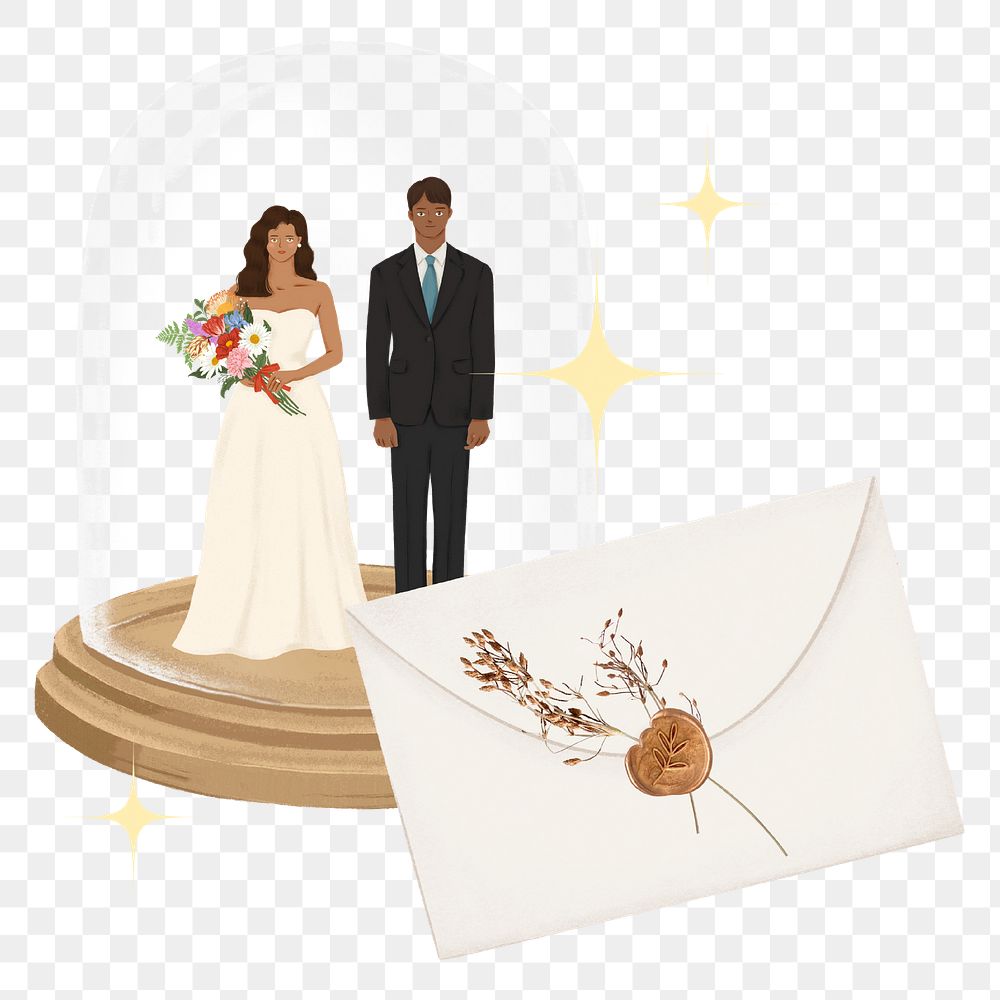 Bride png groom glass dome sticker, wedding gift, transparent background