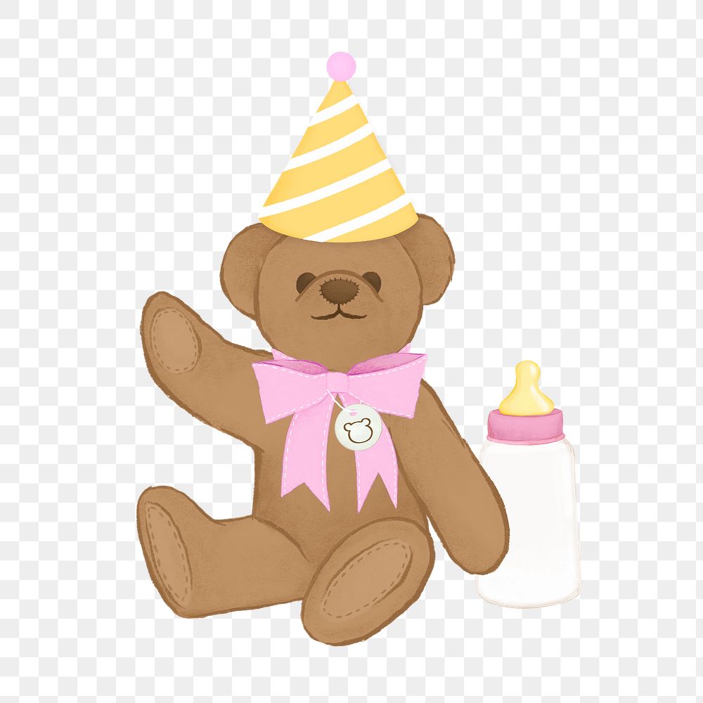 Birthday png teddy bear sticker, wearing cone hat illustration, transparent background