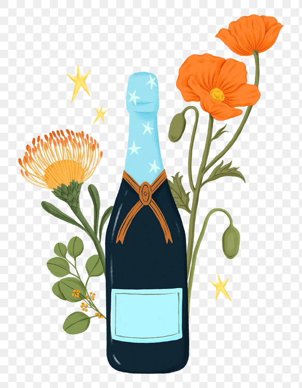 Floral champagne bottle png sticker, celebration drink illustration, transparent background