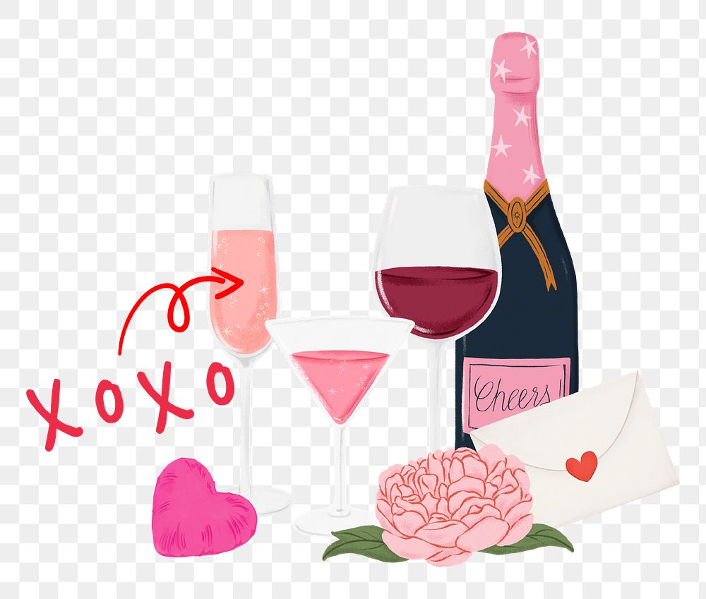 Pink champagne png sticker, Valentine's celebration drinks, transparent background