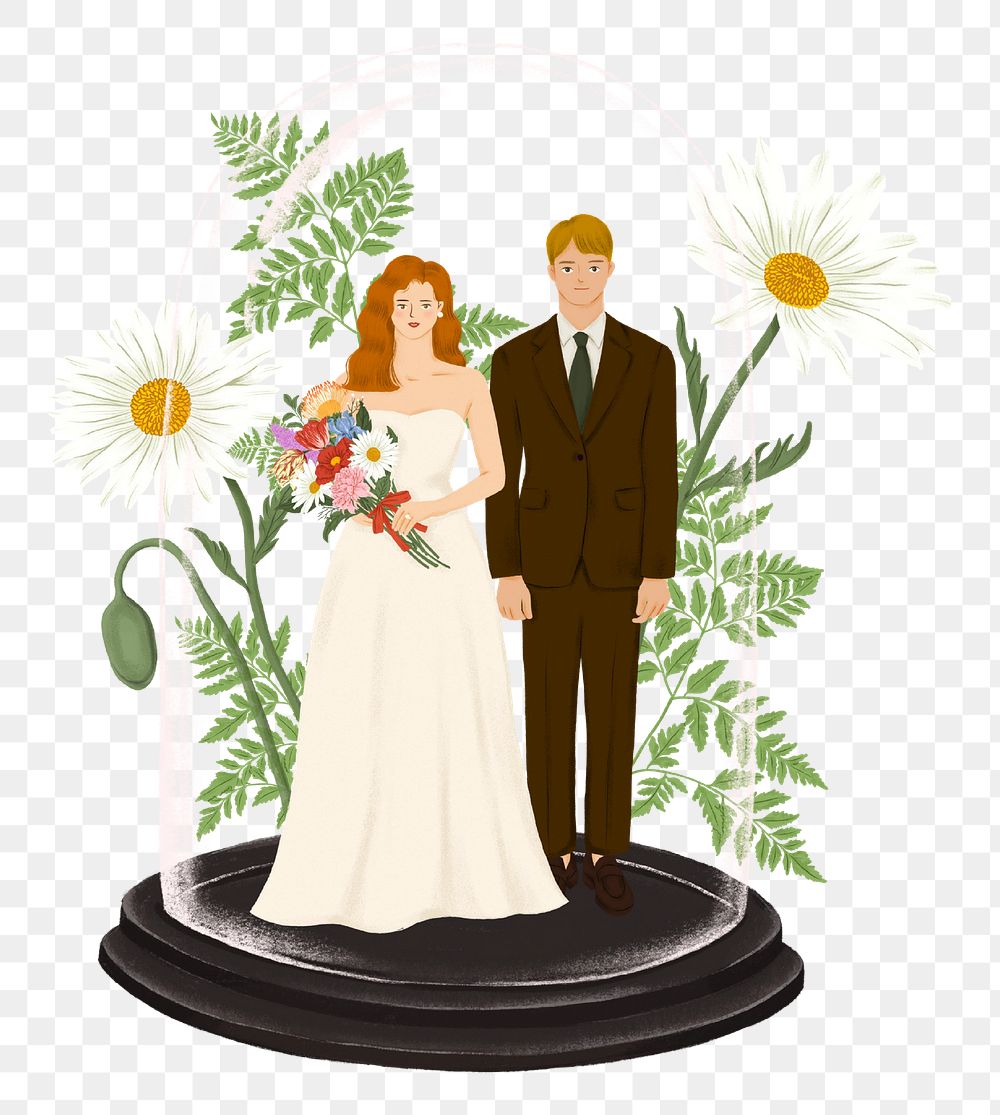 Bride png groom glass dome sticker, wedding gift, transparent background
