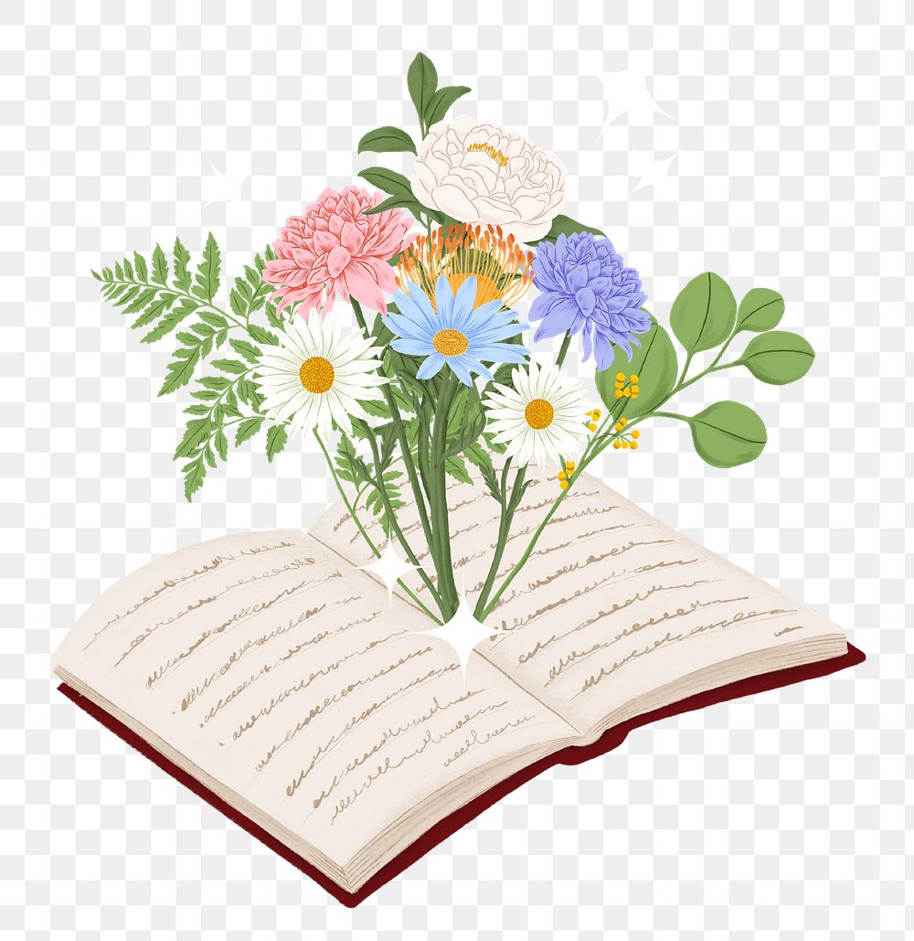 PNG flowers on opened book sticker, transparent background